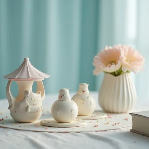 exclusive kids room elegant decoration on table,delicate ,pastel colors,blured background,zoom focus
,some little ceramic animals and a small light,teacup arrangement,porcelain tea cup,fragrance teapo