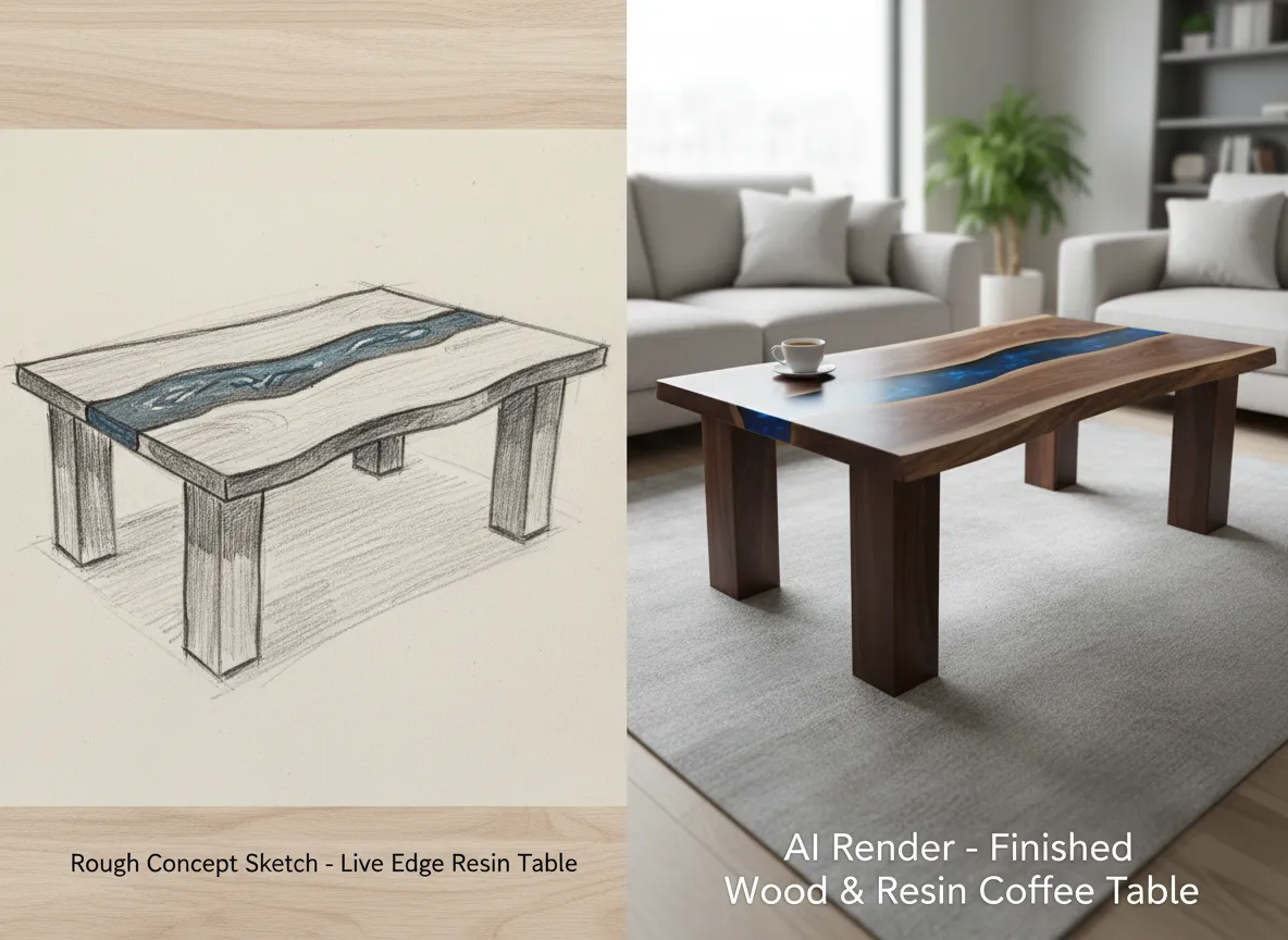 Direkter Vergleich einer groben Skizze eines Couchtisches und eines hochrealistischen KI-Renderings des fertigen Holz- und Harzmöbels.