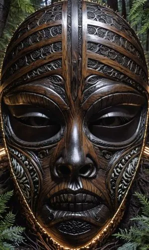 a mask is surrounded by leaves and nches,wooden mask,carved wood,tribal,wood carving,gold mask,mask,shaman,shamanic,totem,head plate,golden mask,hanging mask,carved,helmet plate,shamanism,chieftain,in