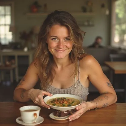 everybody you've ever met is so delicious. ,a beautiful woman sitting at a table with a bowl and plate of food,bee pollen,lentil soup,girl with cereal bowl,macrobiotic,soup bowl,minestrone,vegetable s