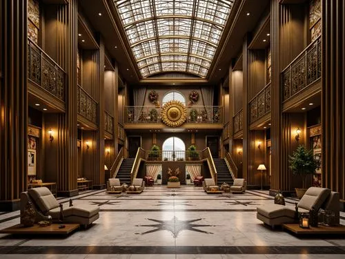 Opulent Art Deco building, ornate metalwork, luxurious marble floors, geometric patterns, metallic accents, stepped silhouettes, zigzag motifs, lavish decorations, sunburst designs, chevron shapes, or