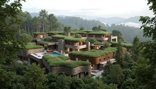 Seamless building integration, lush green roofs, living walls, natural stone fa\u00e7ades, curved wooden structures, organic shapes, harmonious blend of architecture and nature, serene forest surround