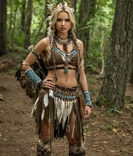 female algonquin blonde  warrior with the shaman and chief ,a young woman standing in a forest wearing native clothing,warrior woman,female warrior,tribal,shaman,tribes,ancient costume,tribal arrows,f