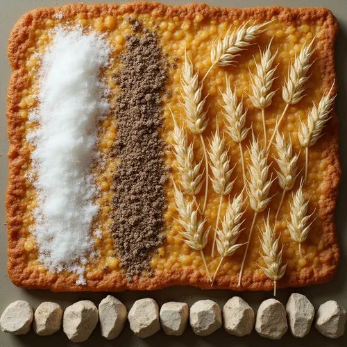 An overhead view of a piece of wheat that is very detailed, there are two sections of what looks like white salt pepper and white salt sprinkled on top of the wheat. There are two columns of wheat, wh