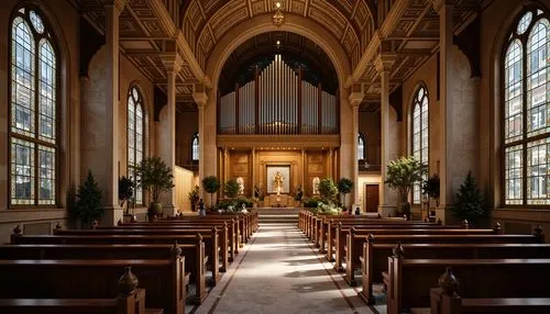 Sacred temple, grand entrance, ornate gates, symmetrical layout, central altar, vaulted ceilings, stained glass windows, intricately carved wooden pews, majestic organ pipes, solemn atmosphere, soft w
