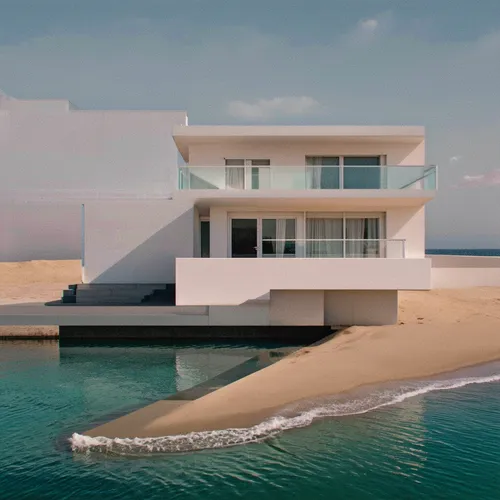 1Building,a modern house sitting on a shore next to the ocean,dunes house,beach house,house by the water,cubic house,cube stilt houses,cube house