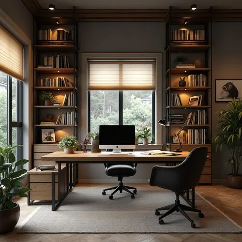 Stylish home office, serene and focused environment, large wooden desk with a sleek chair, high shelves filled with books, warm ambient lighting with a task lamp, industrial design elements, metal and