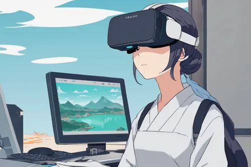 Lost in a virtual reality game, the 7天眼镜妹 must find her way back to reality before time runs out. Can she escape?,virtual world,virtual reality,vr,vr headset,virtual landscape,virtual reality headset,