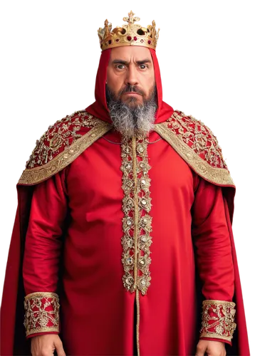 Royalty free, medieval king, middle-aged man, thick beard, crown jewels, red cape, gold embroidery, ornate throne, regal posture, strong facial expression, serious eyes, soft focus, warm lighting, cin