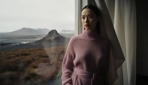 a balenciaga jacquemus collaboration Jacquemus Avant-garde, knit top, prune dress, landscape in iceland, winter vegetation, volcanic landscape, an ultra fine and detailed abstract photoshoot of an Edi
