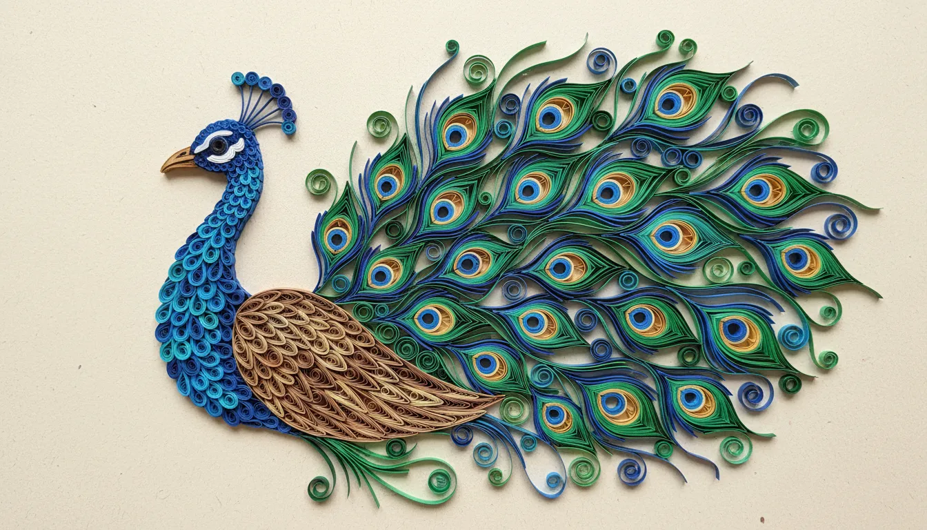 Un'intricata opera d'arte in paper quilling generata da AI di un pavone vivace con fluenti piume blu e verdi fatte di strisce di carta arrotolata.