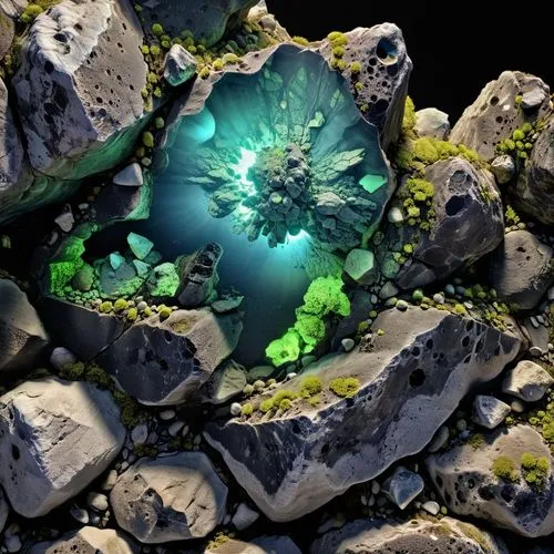 roccia spaccata nera con all'interno minerali  fluorescenti ,a rock wall with some green moss growing on it,stone background,olivine,healing stone,rock crystal,mineral,fractal environment,geode,apatit