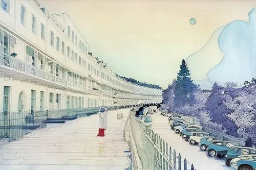 beautiful bright modern unfinished painting by Edmund Dulac,watercolor paris balcony,panoramical,terraces,watercolor paris,white temple,promenade,snow scene,terrace,watercolor shops,terraced,white bui