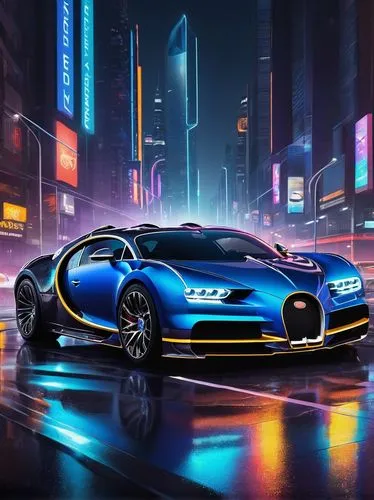 Neon-lit Bugatti, luxurious sports car, sleek design, metallic blue body, neon strips undercarriage, glowing wheel rims, leather seats, complex dashboard, shiny chrome exhaust pipes, speeding on a fut