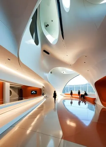 interior of a museum by Zaha Hadid, award winning design,  highly detailed,an orange and white building is located near the water,futuristic art museum,futuristic architecture,spaceship interior,hall 