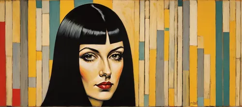 Portrait of a woman with black hair, style of Yaacov Agam,art deco background,art deco woman,girl-in-pop-art,cool pop art,pop art style,cigarette girl,pop art woman,pop art background,pop art girl,pop