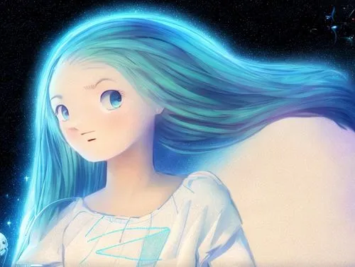 luminous,aurora,glowworm,winterblueher,ghost girl,cyan,aura,aquarius,starlight,blu,elsa,mystical portrait of a girl,anime 3d,blue heart,cg artwork,star mother,fluttering hair,ice queen,falling star,lu