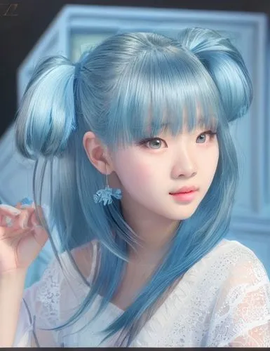 (masterpiece), realistic, asian girl (14yr old) dressed in a white lace sleeveless blouse, beautiful face, studio lighting, cinematic light, beautiful woman, perfect anatomy, princess eyes, (sky blue 