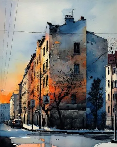 Город на закате, тени,this is a painting of a city street,watercolor,watercolor painting,street scene,in the evening,watercolor shops,watercolor cafe