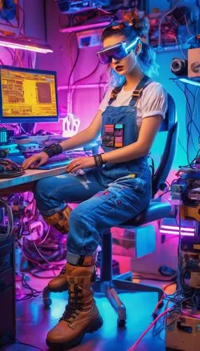 Maker, DIY enthusiast, workshop, wooden table, scattered tools, gadgets, wires, microchips, 3D printer, laser cutter, robotic arm, futuristic machines, bright overhead lighting, messy workspace, focus