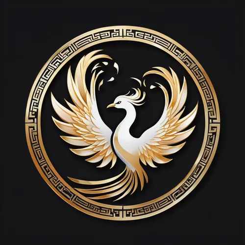 Beautiful, Chinese style game icon, ancient style fairy world, on a black background, there is a white phoenix, dancing alone in the middle, spreading its wings.,constellation swan,emblem,national emb