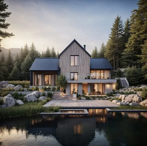 Architecture Design,a house that is next to some water,house in the mountains,house by the water,forest house,house in mountains,snohetta,the cabin in the mountains,Photography,General,Realistic