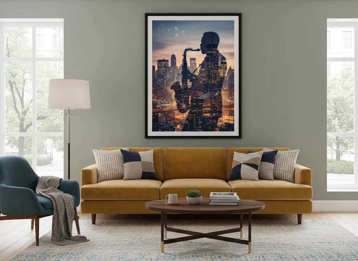 Un'immagine generata da AI di una stanza arredata con stile con un grande poster a doppia esposizione incorniciato di uno skyline cittadino fuso con un musicista jazz.