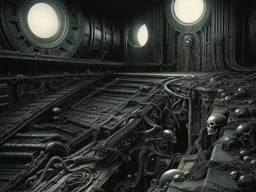 giger influence,a giant machine room with lots of metal balls,giger,engine room,ghost train,compartment,primordia,ossuaries,train cemetery,piranesi,gravemind,lovecraft,the train,bathysphere,ghost loco
