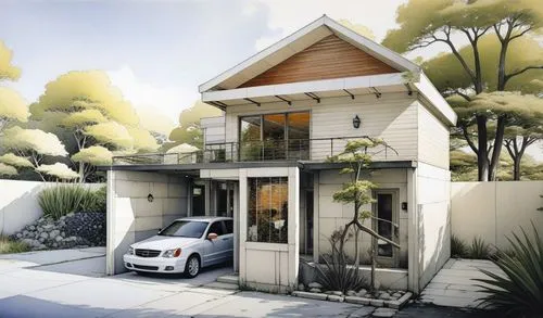 a white house with a car in the driveway,small house,house drawing,residential house,exterior decoration,modern house,wooden house,inverted cottage,private house,house shape,little house,garden elevat