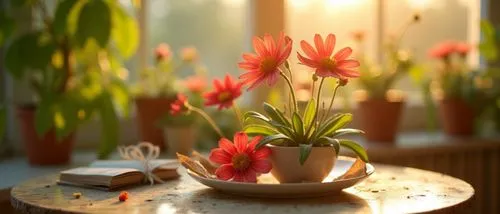 instagram style,beautifull desighn,beige,cream,green,many plants,blured background,details ,zoom on delicate red flowers on glass coffe table,the bowl with flowers is sitting in a room,wooden flower p