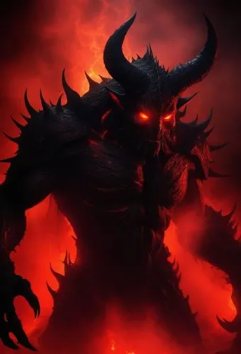"A terrifying demonic entity standing menacingly in the center of a hellish red void, epic dark fantasy horror art. The demon is a towering silhouette with massive, jagged, twisted black horns curling