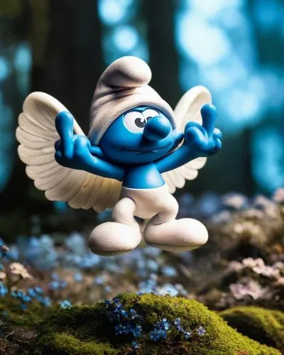 a smurf with white angel wings,a small toy flying next to blue and white flowers,luigia,aegaleo,smurf,dragonair,skylanders,smurfette