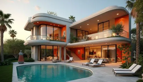 Villa, postmodernism style, luxurious, ornate, complex structure, bold colorful walls, irregular shapes, eclectic mix of materials, concrete, steel, glass, vibrant tile work, ornamental columns, curve