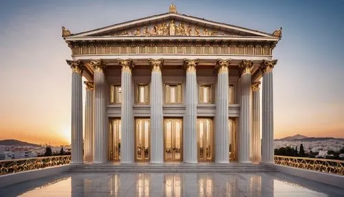 Ancient Greek columns, ornate carvings, grand entrance, intricately designed doors, symmetrical facade, majestic skyscraper, modern minimalism, sleek lines, silver metallic materials, reflective glass