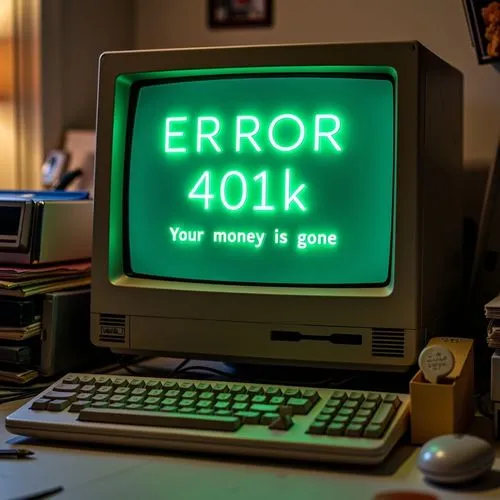 an old computer on a cluttered desk. On the screen in green computer letters written "ERROR 401k" and "Your money is gone",this is a small monitor with error 401k,error,errors,404 error,electronic mon