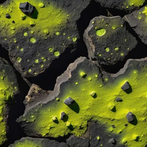 roccia spaccata nera con all'interno minerali  fluorescenti gialli,a bunch of rocks with green moss growing on them,solidified lava,olivine,algae,lichen,lava stones,lichens,stone background,colored ro