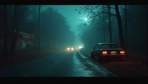 halloween random scene from horror movie,old car,some cars are parked on a misty road,crewdson,moskvich,night scene,evening atmosphere,dark park,fiat 130