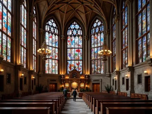 Vibrant stained glass windows, intricate Gothic arches, ornate stone carvings, grand auditorium design, richly colored murals, majestic vaulted ceiling, elaborate chandeliers, polished wooden pews, su