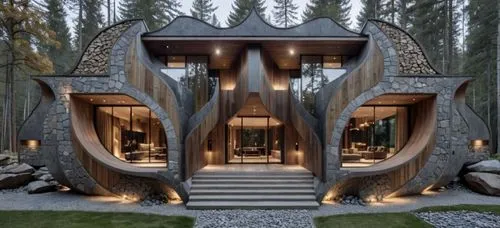 this is an unusual modern home,cubic house,mirror house,timber house,forest house,inverted cottage,wood doghouse,frame house,futuristic architecture,cube house,house in the forest,log home,wooden saun