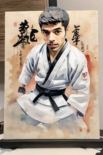 Hombre treinta años, funko base metal,  temática judo , cinturón negro , tatami, estilo manga,taekkyeon,custom portrait,buchardkai,judo,haidong gumdo,iaijutsu,jujitsu,karate,portrait background,photo 