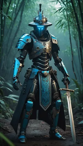 the title of a video game with a character in a robot, A bamboo hat and a sword behind his back, in the style of fine attention to anatomy, dark black and azure, high dynamic range, organic and fluid,