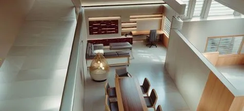 looking down into a modern looking living room with a loft type home,interior modern design,loft,staircase,outside staircase,winding staircase,staircases,balustrades,lofts,wooden stair railing,contemp