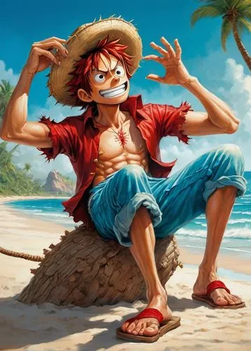 Rubber human, Monkey D Luffy, pirate, dynamic pose, energetic facial expression, spiky red hair, scars on cheeks, white shirt with rolled-up sleeves, blue shorts, red vest, sandals, relaxed sitting po