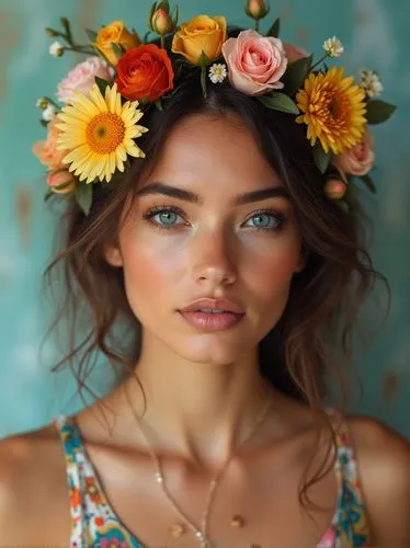 there is a beautiful woman with flowers in her ,young woman with sunflower wreath on her head,flower crown,beautiful girl with flowers,floral wreath,flower crown of christ,girl in flowers,vintage flor