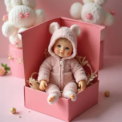 doll toy idea ,colorfull box,a baby girl doll in a small toy animal box,handmade doll,little bunny,doll house,vintage doll,doll kitchen,female doll,felt baby items,dolls houses,egg box,collectible dol