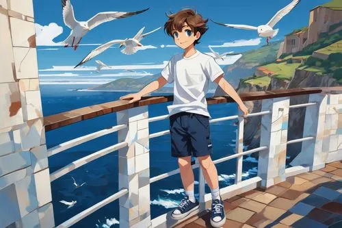 Tyroshi Got, Shota, young boy, smiling face, bright blue eyes, messy brown hair, casual wear, white shirt, dark blue shorts, sneakers, standing, leaning on railing, scenic coastal cliff, vast ocean vi