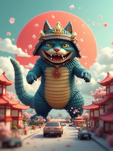 A hilarious and vibrant 3D render of Catzilla, a Japanese-inspired cat monster. The cat is towering over a miniature city, stomping on buildings and cars, while wearing a classic samurai helmet with a