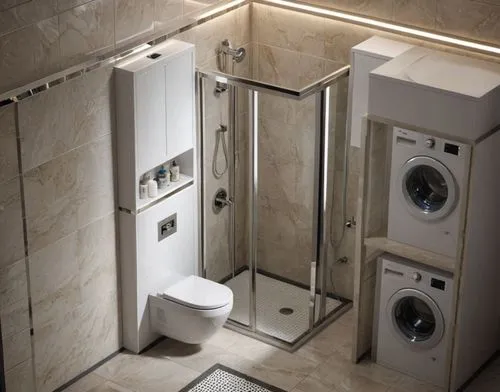 MODERN BATHROOM featuring glossy 60*120 tiles on the walls and matte 60*120 tiles on the floor, a shower cabin, a washing machine cabinet, and a laundry cabinet next to it. The bathroom also includes 