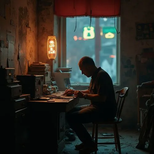 Within a decrepit apartment, illuminated solely by the flickering light of a malfunctioning neon sign outside the window, a man sits at a cluttered desk. Surrounded by obsolete electronics and stacks 
