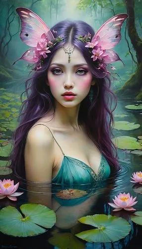 Beautiful Japanese Goddess, long flowing hair, large fairy wings, floral, pink, tattoos, blossoms, fruit, berries, lotus, lily, trees, forest, wild flowers, in a steamy pond, large eyes, pouty lips,Pi